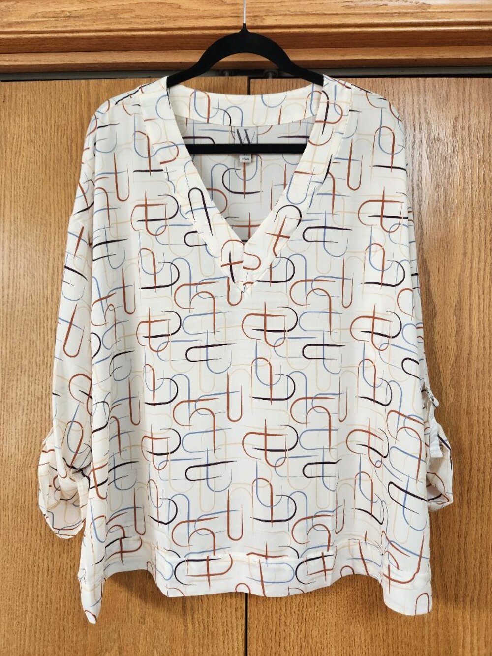 Worthington Abstract Geometric Linear V-Neck Roll-Tab Blouse XXL